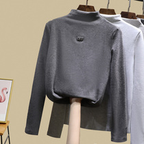 Semi-high collar double-sided imitation cashmere plus velvet thickened base shirt female autumn winter foreign style interior long sleeve T-shirt letter top