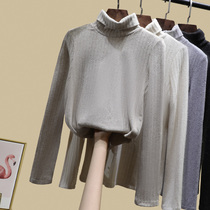 High collar shiny silk knitted base shirt womens autumn and winter sweater loose wear 2020 New pile collar inside top