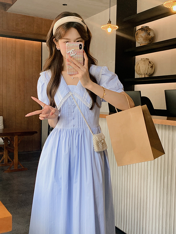 Anli French Girl Cream Blue Cute Stripesd Doll Collar Dress Summer Whitening First Love Long Dress