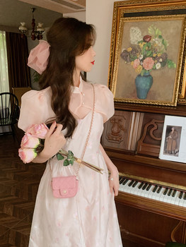 Anli anli ສີບົວຈືດແບບຈີນແບບ girly waisted floral suspender skirt cheongsam blouse ສອງສິ້ນຊຸດໃຫມ່