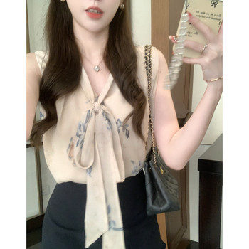Anli elegant ink printed strappy top gentle and delicate off-shoulder slim ເສື້ອຄໍ v-neck ລະດູຮ້ອນໃຫມ່