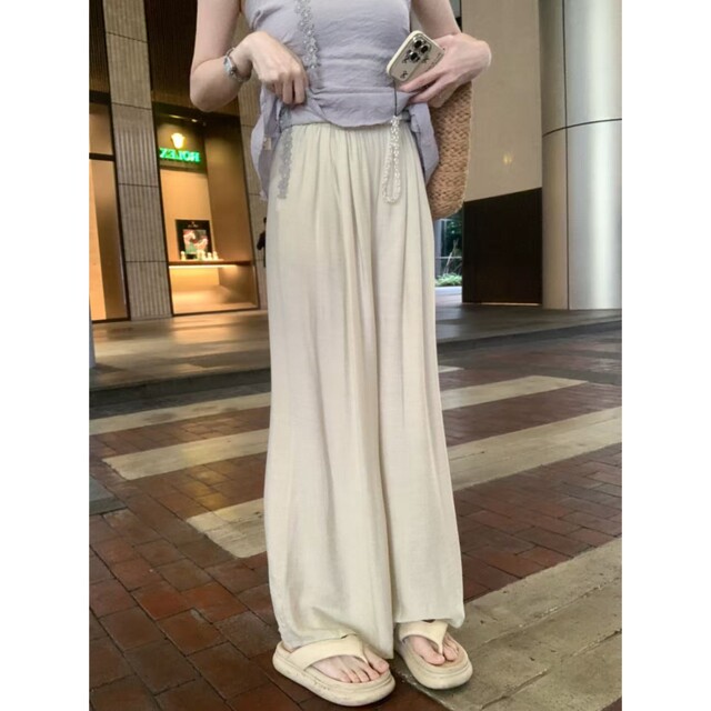 Anli ຜ່ອນຄາຍໂຄງສ້າງ elastic waist pants ຂາກ້ວາງ