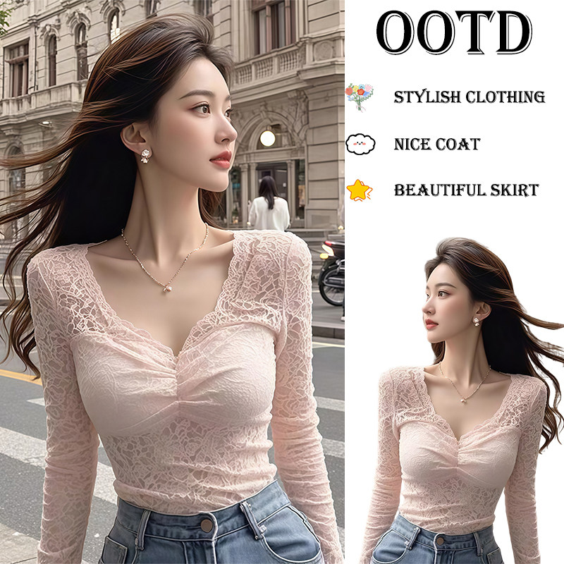 весенняя женская рубашка с кружевным низом и v-образным вырезом, новинка 2025 года, шикарная и красивая маленькая рубашка, облегающий уникальный красивый топ