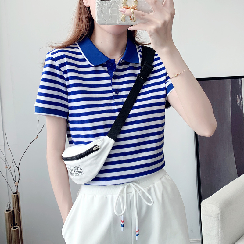 2026 Summer Blue and White Striped Short-Sleeved Large Size T-Shirt Pure Cotton Golf Sports Unisex Couple Polo Shirt 2026 Summer Blue and White Striped Short-Sleeved Large Size T-Shirt Pure Cotton Golf Sports Unisex Couple Polo Shirt