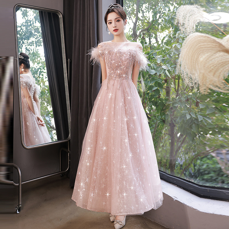Evening Dress for Women, Light Luxury, Niche, High-End, Pink Wedding Dress, Art Exam Host, 18-Year-Old Feather Starry Sky Princess Dress, Coming-Of-Age Ceremony Evening Dress for Women, Light Luxury, Niche, High-End, Pink Wedding Dress, Art Exam Host, 18-Year-Old Feather Starry Sky Princess Dress, Coming-Of-Age Ceremony