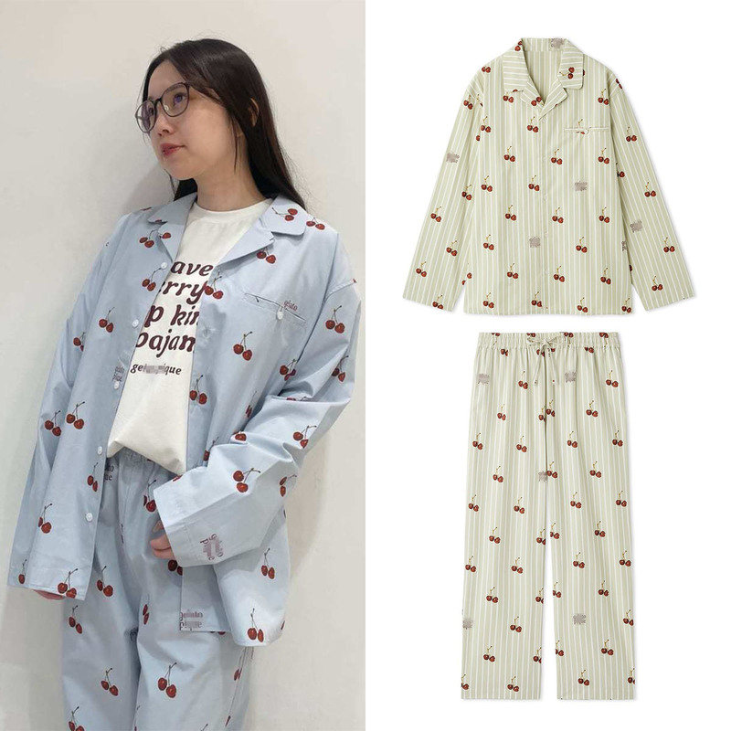 Le Taojiang Chunyuan New Autumn/Winter Cherry Print Homewear Set Lapel Cardigan Comfortable Skin-Friendly Pajamas