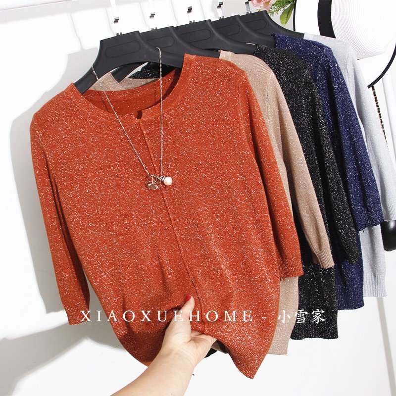 Mùa xuân hè mới mở vòng cổ màu lụa sáng lụa vàng lụa nửa lụa đan tay áo chạm đáy áo sơ mi nữ mẫu áo len nữ đẹp 2021