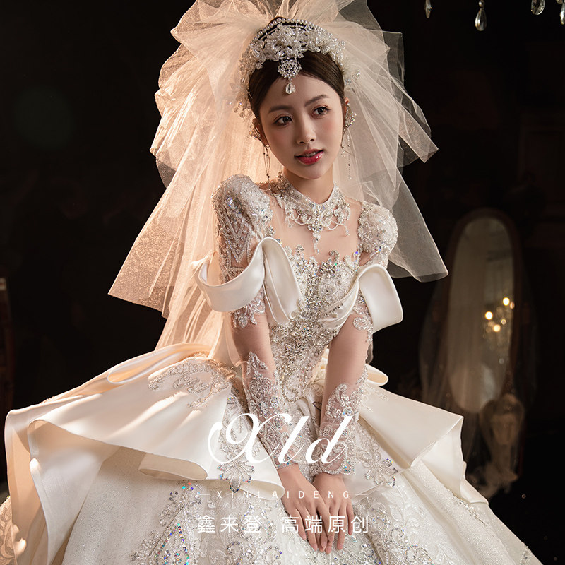 "Galaxy" wedding bride 2026 новое зимнее атласное платье на одно плечо с длинными рукавами из основной пряжи французской тяжелой промышленности small man