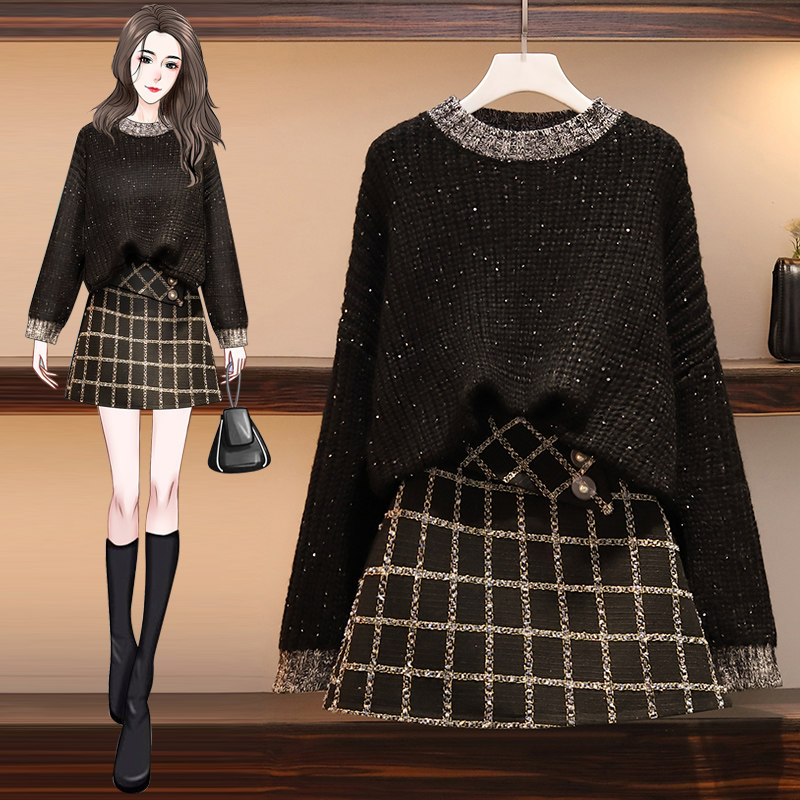 Large size women's clothing autumn and winter new fat sister 2019 cover meat, reduce age and show thin foreign pie sweater two-piece suit skirt