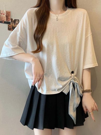 Новая летняя шелковая футболка-поло 2025 года с коротким рукавом, больших размеров, для полных женщин, серая, утягивающая, скрывающая живот, с рукавом до локтя