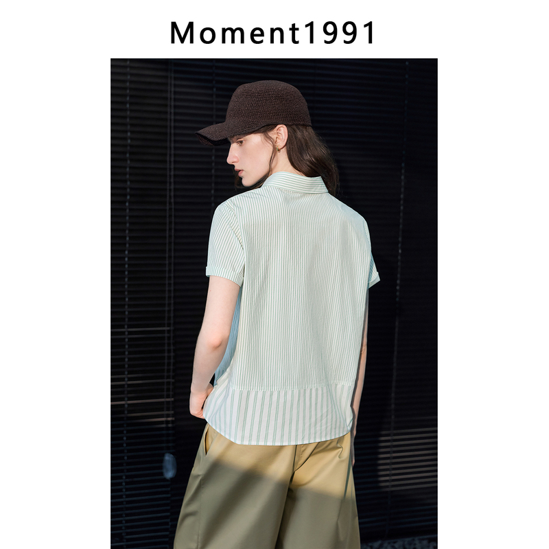 Moment Green Striped Patchwork Lapel Short-Sleeved Shirt for Women 2026 Summer New Style Light Luxury High-End Feel Very Beautiful Moment Green Striped Patchwork Lapel Short-Sleeved Shirt for Women 2026 Summer New Style Light Luxury High-End Feel Very Beautiful