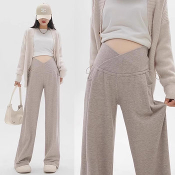 Maternity Pants for Winter, Casual Wide-Leg Pants for Autumn and Winter, Fleece-Lined and Thickened, Non-Constricting on the Belly, Long Pants for Pregnancy