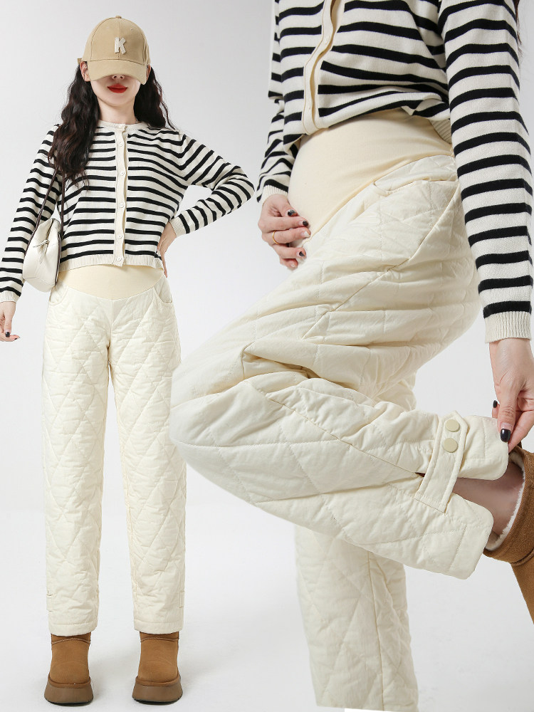 Maternity Pants for Autumn and Winter, Fleece-Lined Imitation down Pants, Winter Thickened Windproof and Warm Cotton Pants, Winter Wear