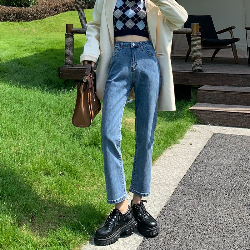 High waist straight jeans women's nine points spring and autumn all-match elastic retro 2021 new large size fat mm smoke pipe pants