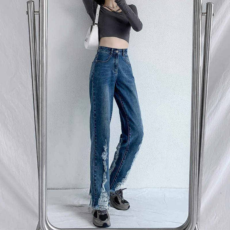 Ripped jeans women's split straight high waist 2021 new slim autumn clothes loose mopping retro high street pants