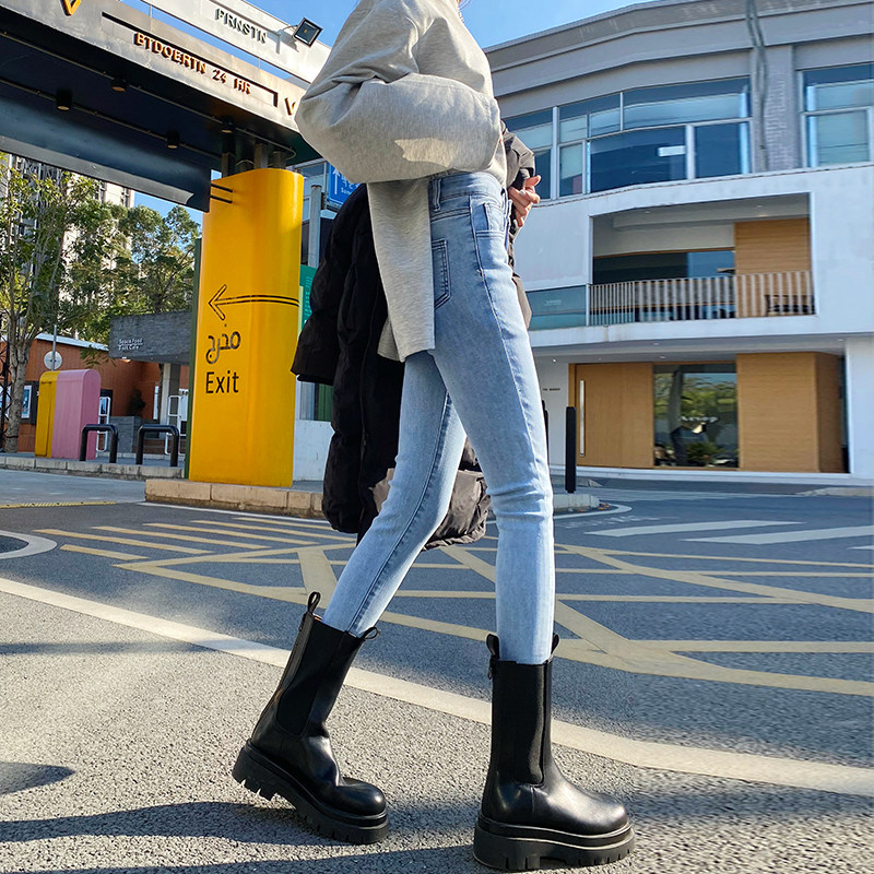 High Waist Plus Suede Jeans Woman Autumn Winter New Tight Body Light Blue slim stretch 90% outwear thin suede smoke pipe pants