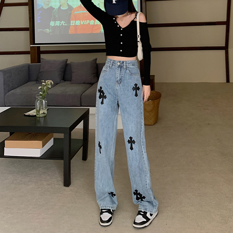 Broadlegged Jeans Lady Spring Summer 2022 New High Waist Loose Cross Design Sensation Tug Straight Down Pants Tide