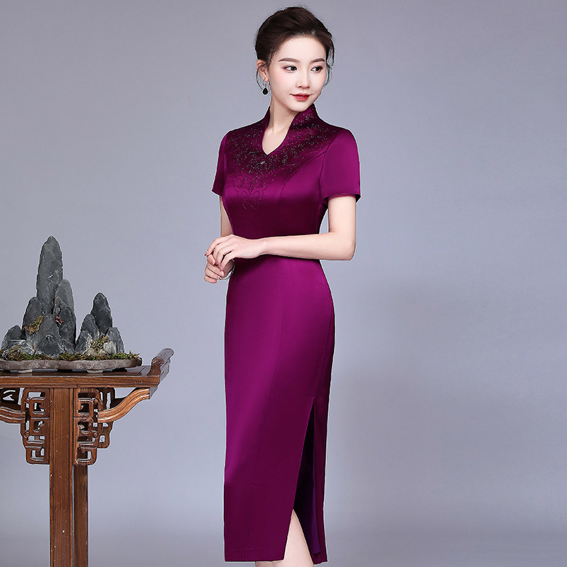 Purple Mother Dress Wedding Banquet High-end Qipao Xi-In-Law Wedding Improvement Large Size Ocean Pie Dress Noble Summer Short Sleeve