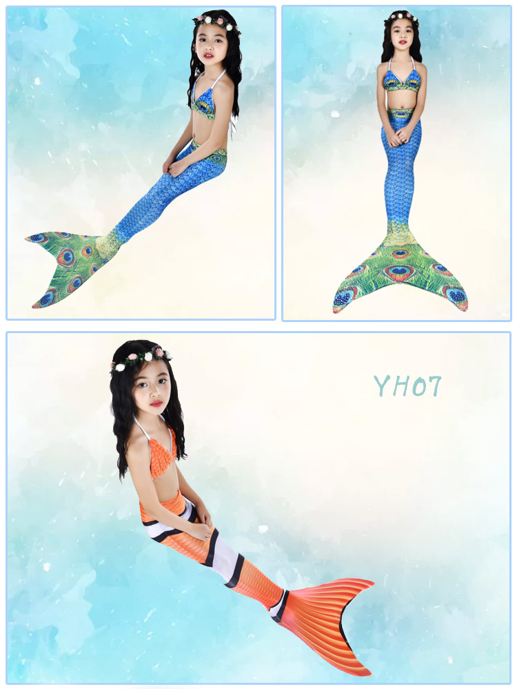 Trẻ em của nàng tiên cá áo tắm nàng tiên cá đuôi cô gái mermaid costume swimwear ba mảnh có thể được trang bị mắt cá chân