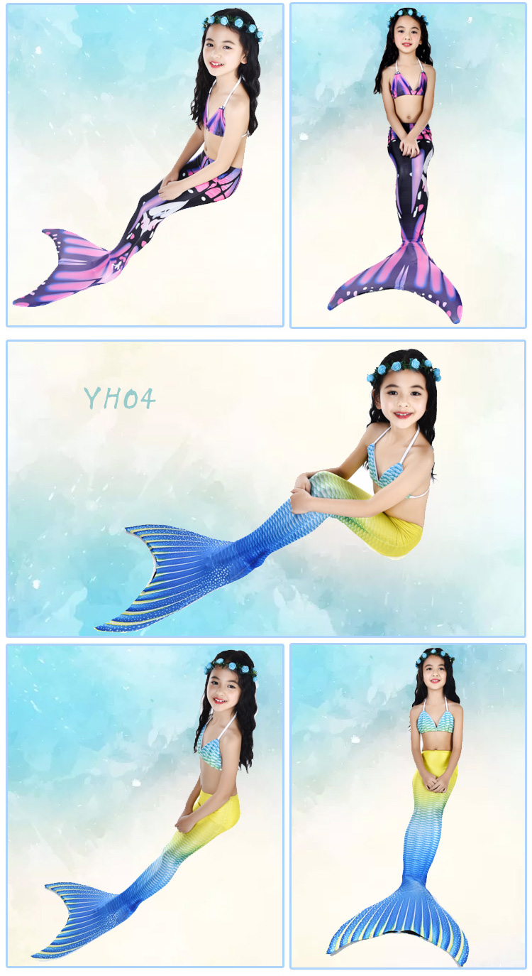 Trẻ em của nàng tiên cá áo tắm nàng tiên cá đuôi cô gái mermaid costume swimwear ba mảnh có thể được trang bị mắt cá chân