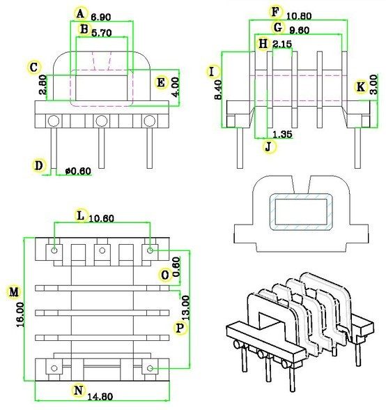EFD15 inductance skeleton transformer skeleton magnetic core 4 groove horizontal 3 3 copper wire adhesive tape