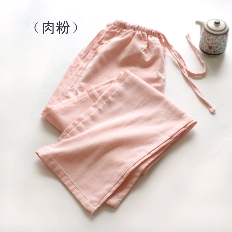 Mùa xuân và mùa thu Nhật Bản Cặp đôi gạc hai lớp Quần nhà nữ Cotton cao eo Quần nhà Quần nam Đơn giản