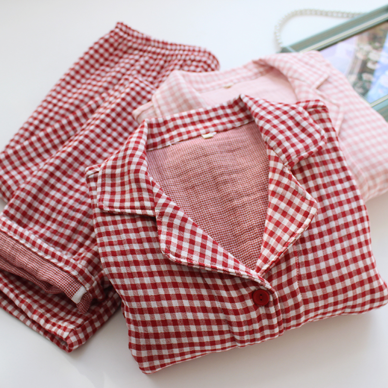 Couple Style Unprinted Four-Layer Yarn-Dyed Gauze Pure Cotton Plaid Pajamas for Men and Women, Simple Casual High-Quality Home Wear