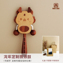 Dial Wave Drum Baby Can Nibble Solid Wood Hand Rocking Bell Customize Dragon Year Newborns Remembrance Baby Full Moon 100 Days Gift