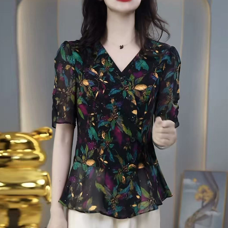 Light Luxury, High-End, Slim-Fitting, Ice Bamboo Silk Floral Shirt Top for Women, New Summer Style, Plus Size, Middle-Aged and Elderly Shirts