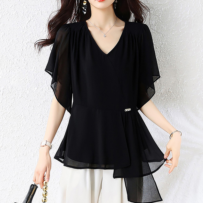 Fat Sister Fashion Irregular Black V Neck Shirt Top Women's Summer 2026 New Thin Breathable T-Shirt Top Fat Sister Fashion Irregular Black V Neck Shirt Top Women's Summer 2026 New Thin Breathable T-Shirt Top