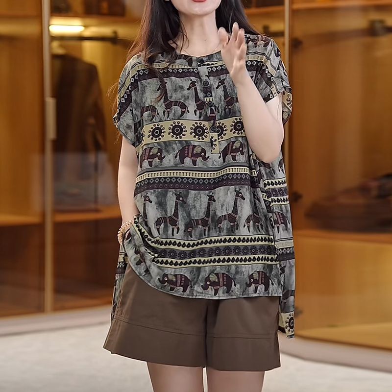 Plus Size Women's Clothing Retro Chinese Style Deer Print Round Neck Short-Sleeved Shirt Women's 2026 Summer New Loose Fit Top That Covers the Body Plus Size Women's Clothing Retro Chinese Style Deer Print Round Neck Short-Sleeved Shirt Women's 2026 Summer New Loose Fit Top That Covers the Body