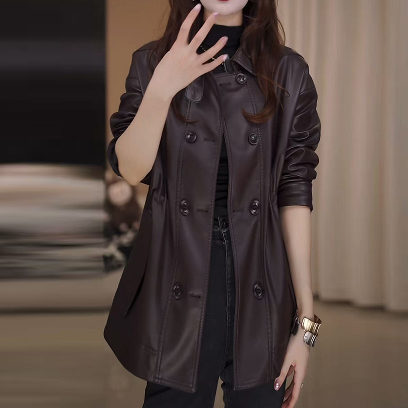 High-End Leather Jacket for Women, Autumn, Plus Size, European Style, Loose, Casual, Fashionable, Versatile, Double-Breasted, Stylish Leather Coat