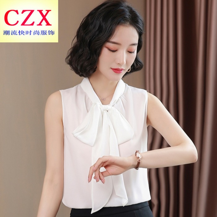 Bow-Tie Chiffon Shirt with Sleeves, Women's Camisole, Summer 2026 New V-Neck Tie-Up Sleeveless T-Shirt for Women, Outerwear