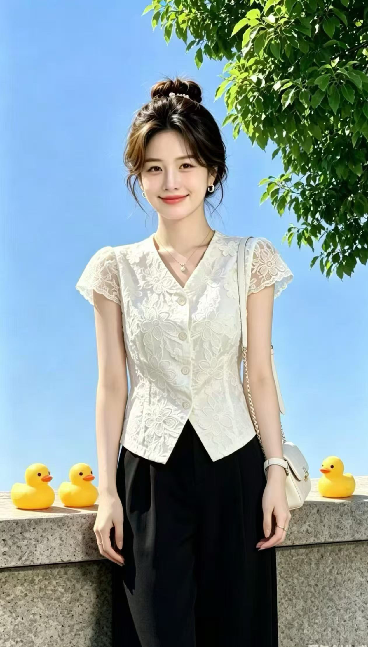연한 자주색 망사 날다 소매 레이스 셔츠 여성 여름 새로운 싱글 줄 버튼 슬림해 보이는 작은 키 휴가 바람 쇼트 스타일 작은 셔츠 상세 이미지 3