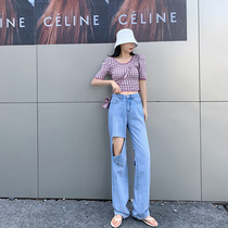 170 lengthened high waist broken hole jeans 175 tall sub wide leg covety loose straight drum with slim drag underpants female spring
