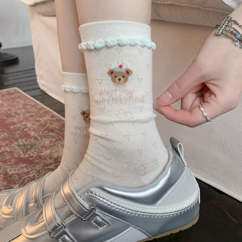 Cute Bear Socks for Women, Summer Thin Mid-Tube Cotton Socks, Japanese-Style Cartoon Mesh Breathable Ballet-Style Slouch Socks