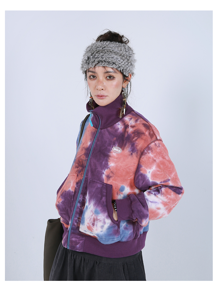 Women's small high collar tie-dyed cardigan sweater casual slim pure cotton baseball jacket - Women's Casual & Functional Jackets - Cotton & Hemp