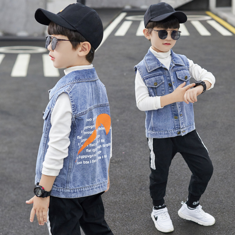 Boys denim vest spring and autumn 2021 new spring foreign style tide in the big children's horse clip waistband boys vest