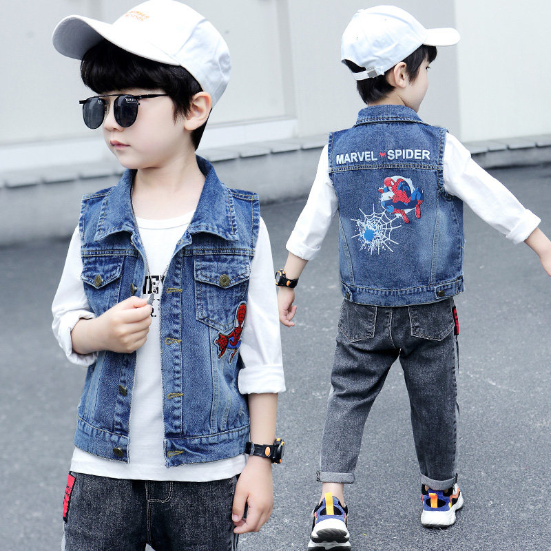 Spider Man Boy Cowboy Waistcoat Spring Fall in thin jacket CUHK child outwear Cowboy Vest Boy Kan Shoulder