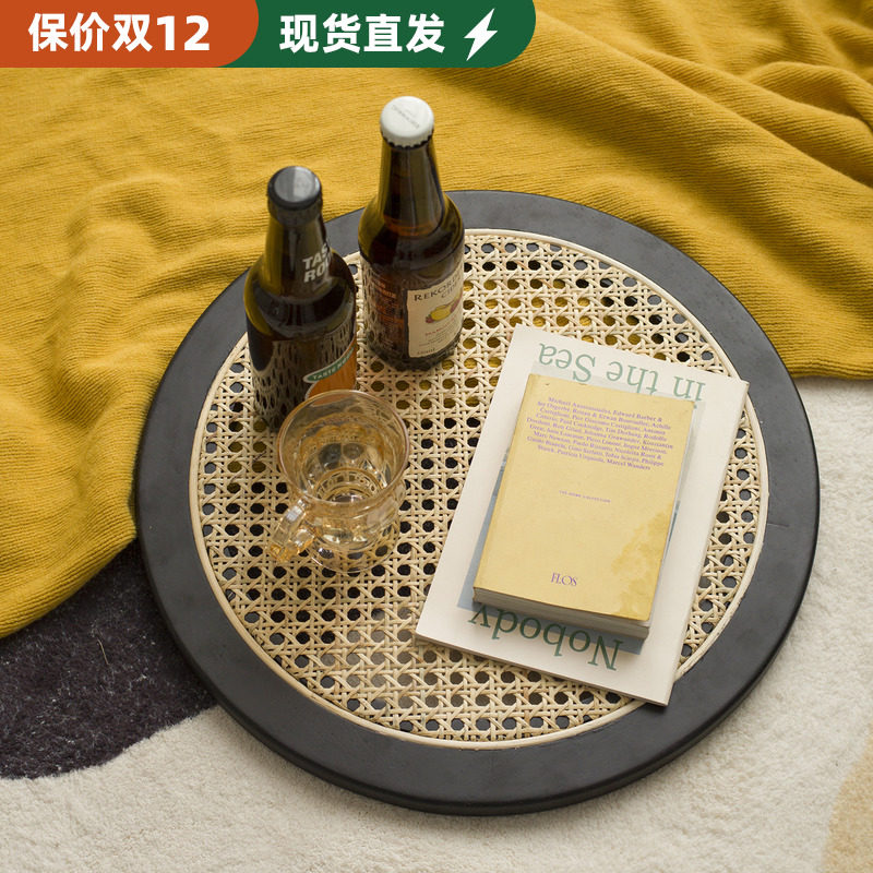 MRLAZY Wooden Tea Tray Rattan Household Round Storage Mobile Tray Ornament Floor Shelf Light Luxury Delicacy