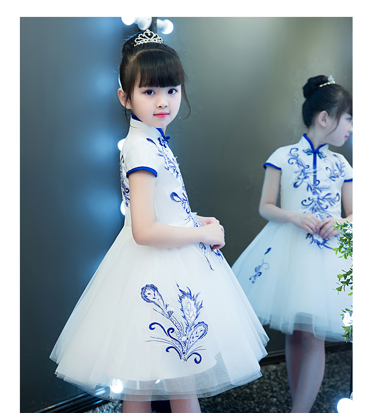 Trẻ em sườn xám váy nữ phong cách Trung Quốc sứ trắng xanh guzheng chơi cạnh tranh biểu diễn quần áo cô gái trang phục cô gái quần áo biểu diễn trẻ em