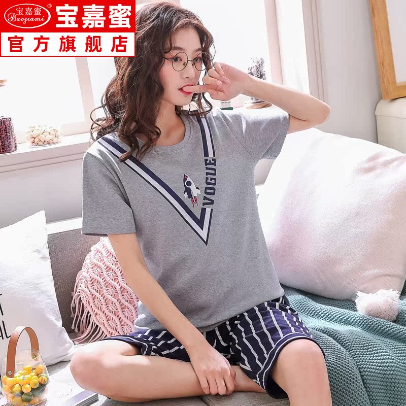 Bộ đồ ngủ mùa hè cotton ngắn tay áo quần short bảy điểm Hàn Quốc phiên bản dễ thương phim hoạt hình cộng với mã quần áo phù hợp với nhà mỏng mùa hè.