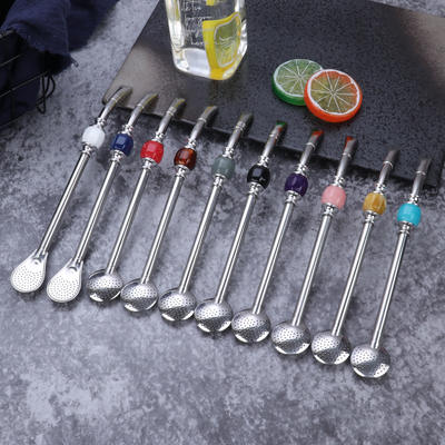 Argentine high-end yerba mate spoon coffee milk tea cold and hot drink filter straw spoon detachable with beads, 304 stainless steel