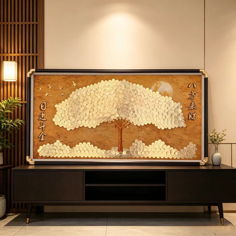 Golden Background Living Room Money Tree Solid Wood Frame Handmade DIY Auspicious Cloud Corner Sofa Background Wall Hanging Painting Creative Gift