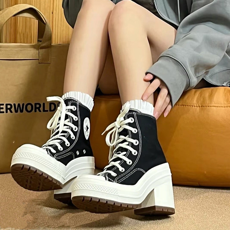 High-Heeled Canvas Shoes for Women 2026 Spring New Waterproof Platform Casual Round-Toe Lace-Up Versatile Height-Increasing Thick-Soled White Shoes
