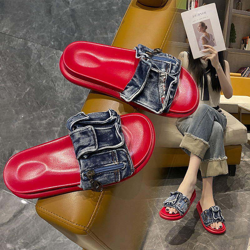 Denim Thick-Soled Birkenstock Slippers for Women, New Korean Style French Style Casual Flat-Soled Women's Sandals for Summer Outerwear