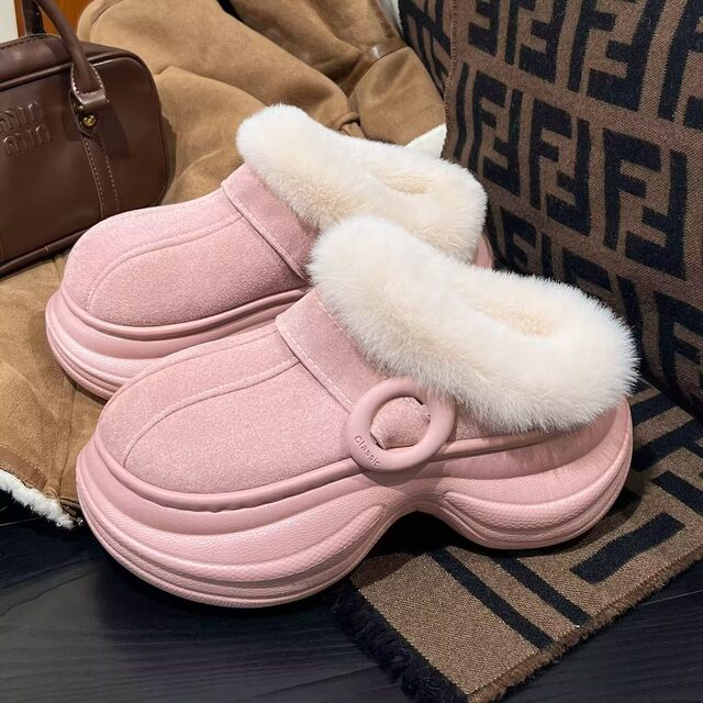 Simple and Versatile Thick-Soled Height-Increasing Cotton Slippers for Women, Suitable for Outdoor Wear, 2025 New Autumn and Winter Fleece-Lined Warm Cotton Slippers for Women