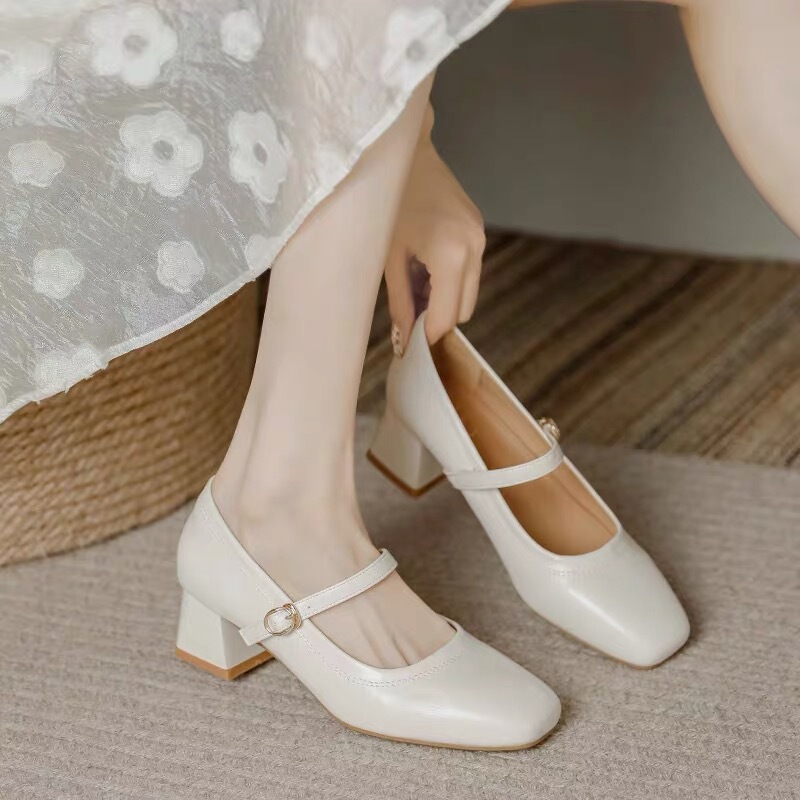Super Soft ~ Genuine Leather Fairy-Style Mary Jane Shoes, French-Style Cheongsam Single Shoes, Single-Strap Chunky Heel Nude-Colored Shallow Leather Shoes Super Soft ~ Genuine Leather Fairy-Style Mary Jane Shoes, French-Style Cheongsam Single Shoes, Single-Strap Chunky Heel Nude-Colored Shallow Leather Shoes