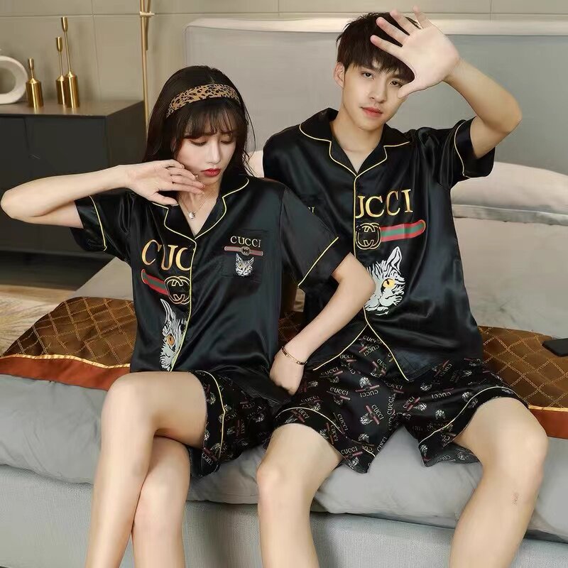 Ice silk couple pajamas women's summer short-sleeved thin summer simulation silk men's home clothes one male and one female suit