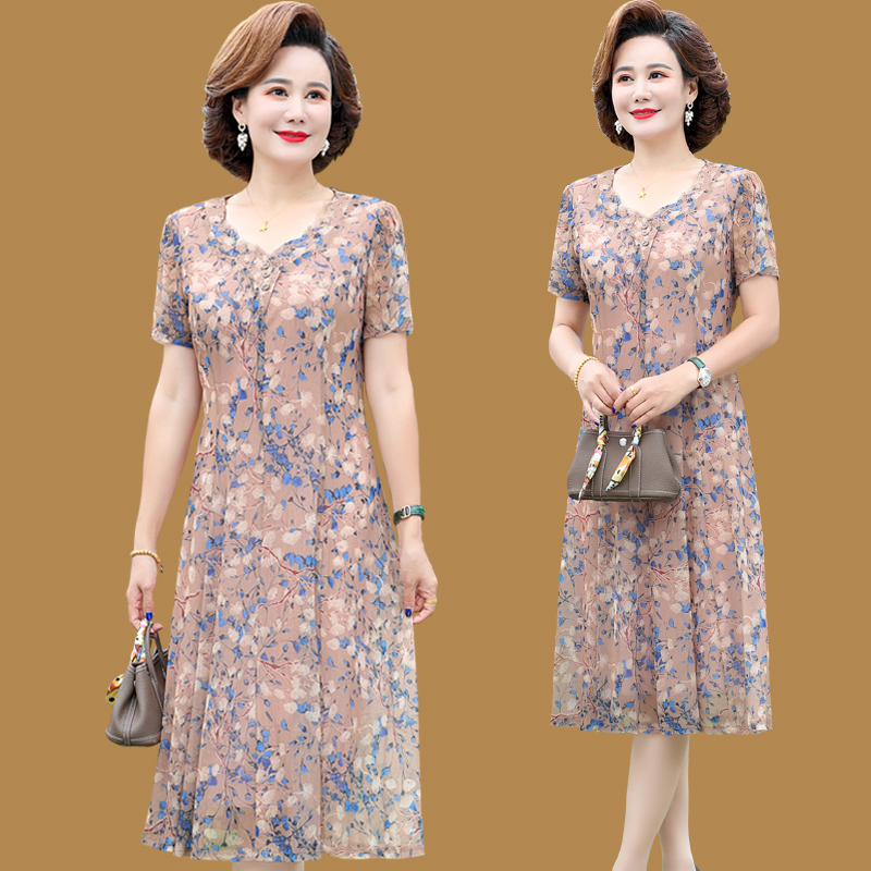 New Style Summer Floral Dress for Mothers, Elegant Short-Sleeved Dress for Middle-Aged and Elderly Women in Their 40S and 50S, Stylish and Noble